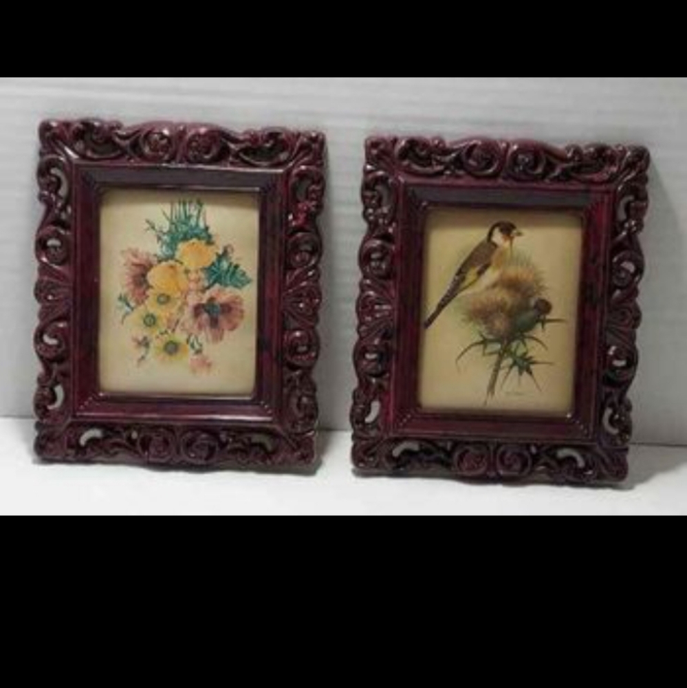 2 Vintage Cottagecore Nature Prints in Filigree Frames with Convex Bubble Glass